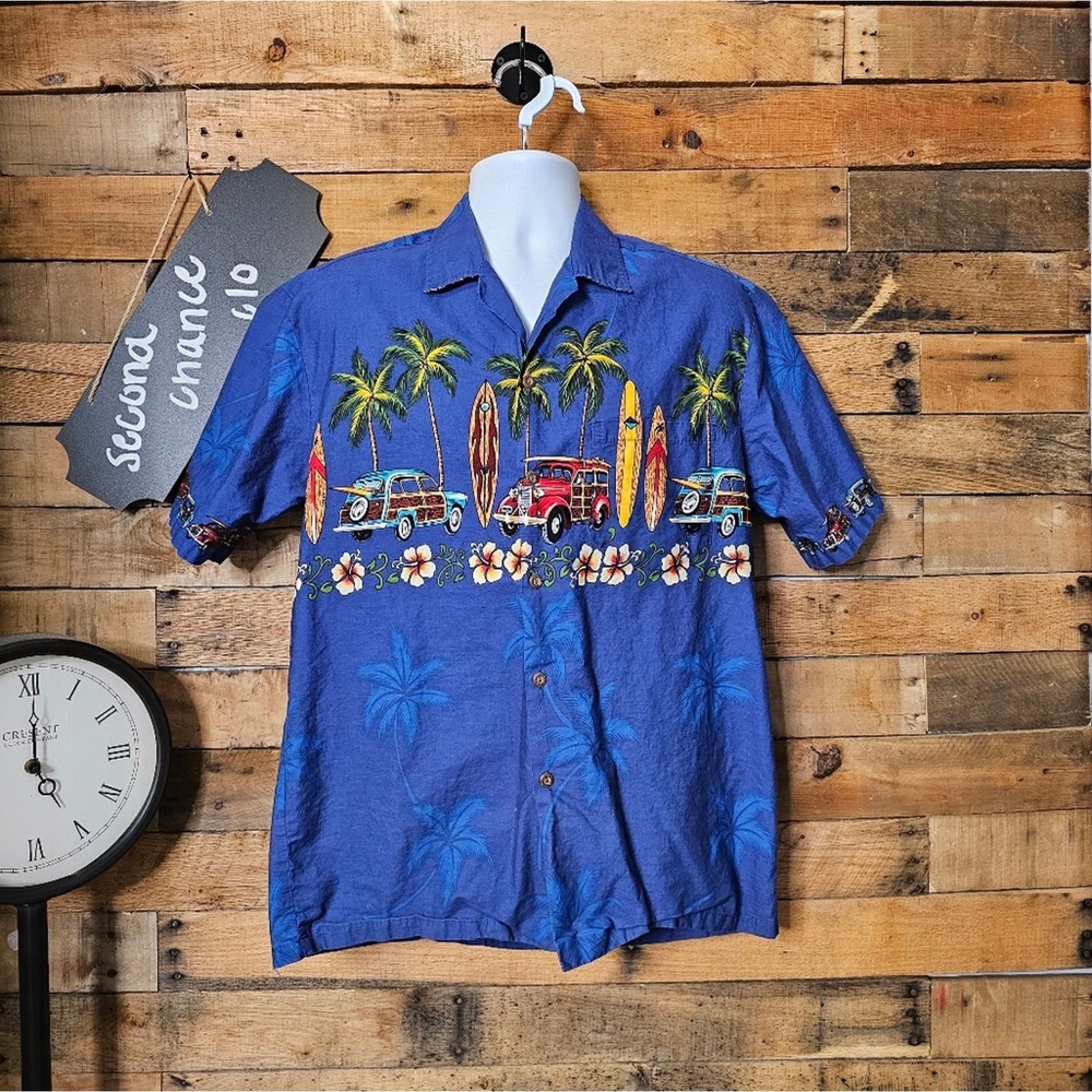 SALE-Winnie Fashion men's vintage blue  Hawaiian beach theme size L
